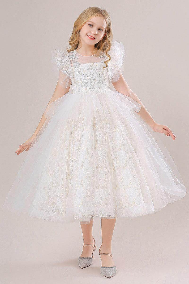 A-Line Illusion Neck Short Sleeves Midi Lace Flower Girl Dresses 749518906079 - COCOMELODY